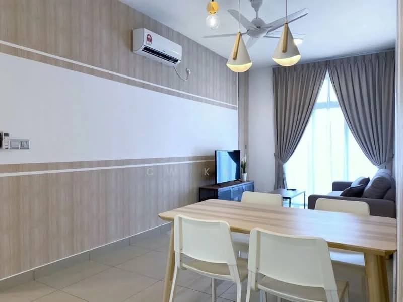 Dining features: dining table with 4 white chairs, light wood dining table, wall-mounted TV, grey fabric sofa, floor-to-ceiling windows, sheer curtains, cream painted walls, light grey tiled flooring, 1 wall-mounted split AC, ceiling fan with light, pendant lighting, decorative wall paneling; style: modern.
