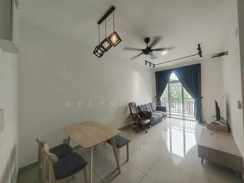 Living features: grey fabric sofa, wooden armchair, wooden dining table, 4 dining chairs, TV console, ceiling fan with light, recessed downlights, floor-to-ceiling windows, sliding glass door, curtains, glossy tile flooring, white painted walls; style: modern; view: garden.