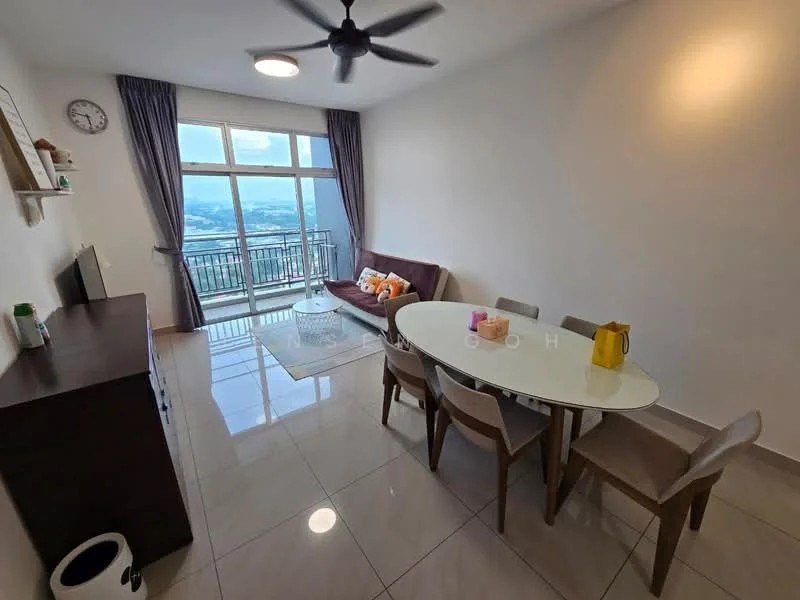 Living features: floor-to-ceiling windows, city view, 3-seater fabric sofa in brown, round glass dining table, 4 upholstered dining chairs, wall-mounted TV, TV console, ceiling fan, decorative wall clock, light-colored walls, glossy tile flooring, curtains, decorative cushions; style: modern; view: city.