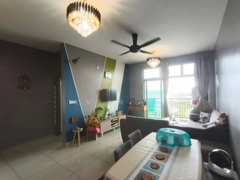 Living features: grey accent wall, blue accent wall, cream painted walls, large windows with view, ceiling fan, chandelier, sofa in grey, dining table with chairs, decorative wall art, TV console, floor tiles, area rug; style: modern; view: city.