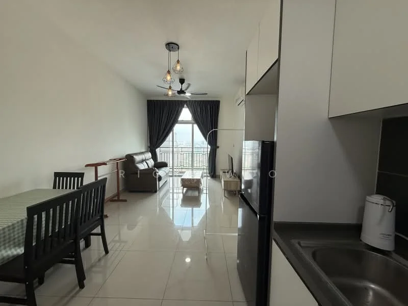 Living features: 3-blade ceiling fan, pendant lighting, floor-to-ceiling windows, blackout curtains, grey fabric sofa, wooden coffee table, dining table with checkered tablecloth, 4 dining chairs, white painted walls, glossy tile flooring, air conditioning unit, view of city skyline; style: modern; view: city. Kitchen features: stainless-steel sink, chrome pull-down faucet, built-in cabinets, black countertop, stainless-steel refrigerator, built-in stove, microwave, tile backsplash; style: modern.