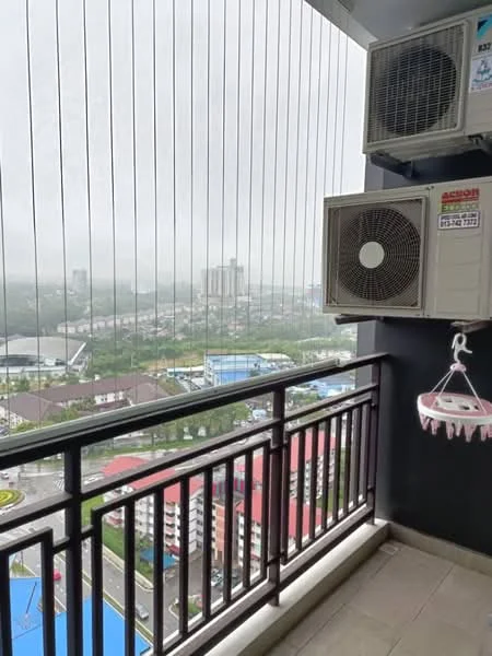 Room features: balcony with railing, floor-to-ceiling windows, 2 wall-mounted split AC units, city view, grey tiled flooring, hanging decorative item; style: modern; view: city.