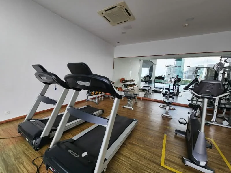 Room features: two treadmills, weight bench with free weights, exercise bike, mirrored wall, wood laminate flooring, air conditioning unit, ceiling lights, fitness equipment, exercise mats; style: modern; view: city.
