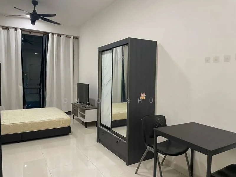 Bedroom features: queen-size bed, black wardrobe with sliding mirror doors, TV console with TV, black chair, black table, white painted walls, cream tiled flooring, floor-to-ceiling windows with sheer curtains, ceiling fan; style: modern.