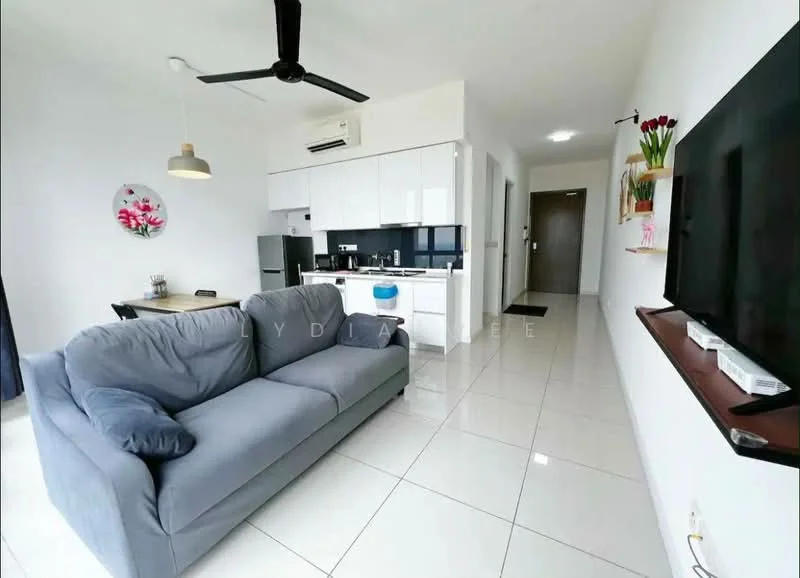 Living features: grey fabric sofa, wall-mounted TV, white wall, recessed downlights, 5-blade ceiling fan, white tiled flooring, decorative wall shelf, black entertainment unit, dining table with chairs, open kitchen layout; style: modern. Kitchen features: white cabinetry, black countertop, stainless-steel fridge, built-in oven, 4-burner gas hob, sink, chrome pull-down faucet; style: modern.