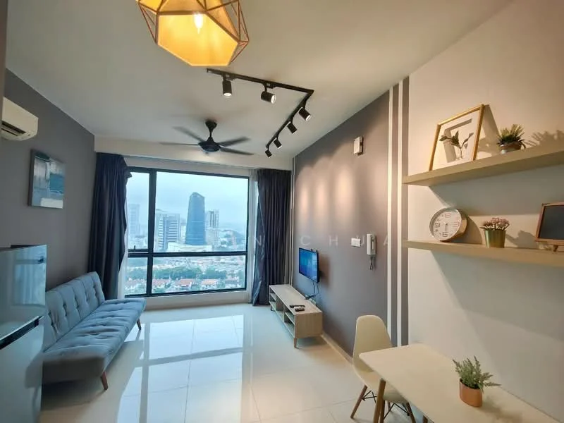 Living features: grey fabric 3-seater sofa, white wall-mounted TV, light wood TV console, white dining table with two chairs, floor-to-ceiling windows, city skyline view, white tiled flooring, black ceiling fan with light, recessed LED downlights, decorative wall art, dark grey accent wall, curtains, air conditioning unit; style: modern; view: city.