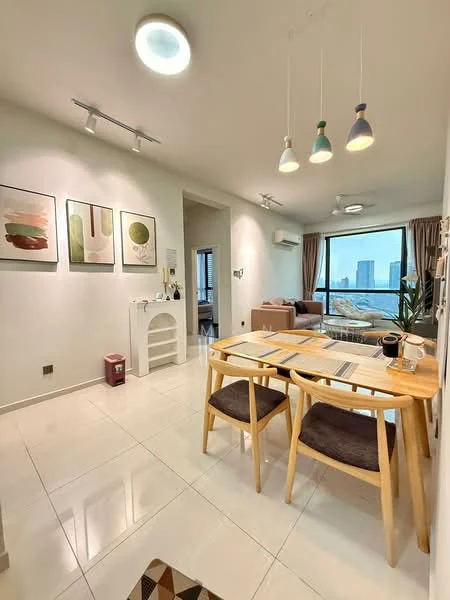 Dining features: dining table with wooden legs, 4 dining chairs with upholstered seats, pendant lighting with multi-colored shades, white painted walls, tile flooring, floor-to-ceiling windows, curtains, ceiling fan, decorative wall art, plant in ceramic pot, open layout to living area; style: modern; view: city. Living features: sofa visible in background, coffee table visible in background, TV console visible in background; style: modern; view: city.