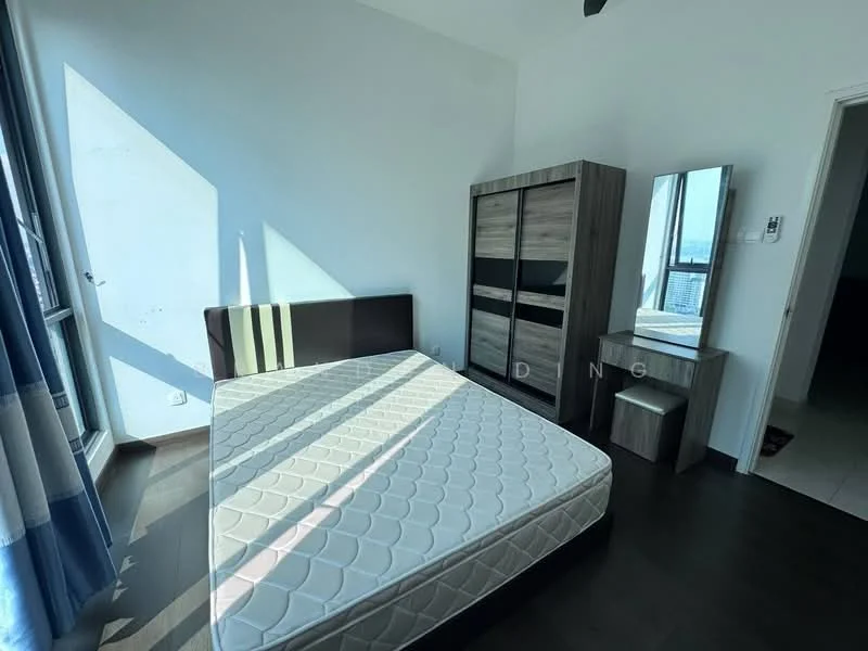 Bedroom features: queen-size bed, wooden headboard, built-in wardrobe with sliding doors, study desk with mirror, dark wood flooring, white painted walls, floor-to-ceiling windows, curtains, ceiling fan; style: modern; view: city.