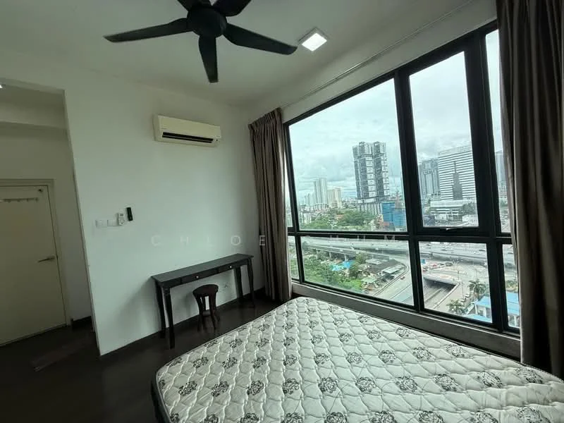 Bedroom features: floor-to-ceiling windows, city view, 5-blade ceiling fan, recessed LED downlights, dark wood flooring, light grey walls, curtains, study desk, single chair, air conditioning unit; style: modern; view: city.