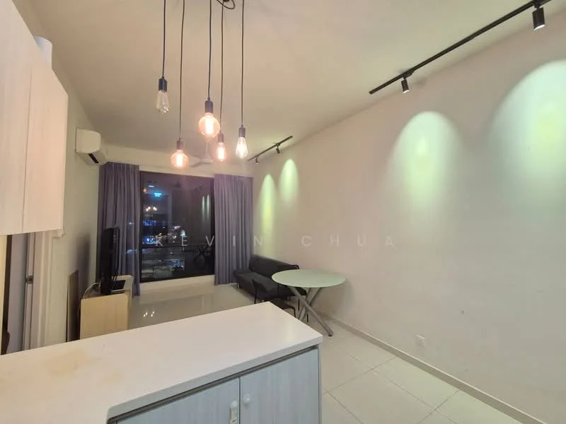 Living features: white painted walls, glossy tile flooring, 5-blade ceiling fan with light, hanging pendant lights, floor-to-ceiling windows, curtains, sofa, round dining table, TV console; style: modern; view: city.
