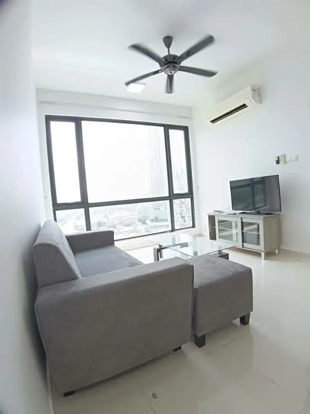 Living features: 3-seater fabric sofa in grey, ottoman in grey, glass coffee table, wall-mounted TV, TV console in light wood, floor-to-ceiling windows, white painted walls, tile flooring, ceiling fan with light, wall-mounted split AC; style: modern; view: city.