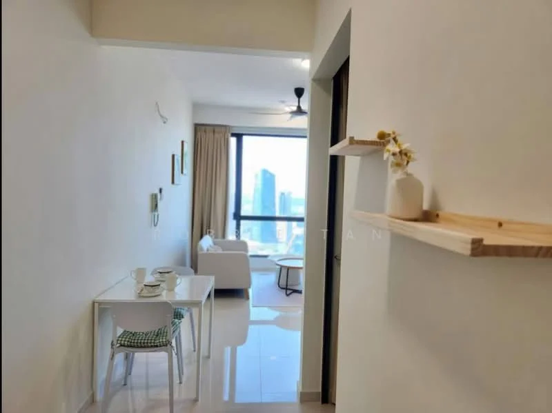 Room features: white painted walls, glossy tile flooring, ceiling fan, floor-to-ceiling windows, curtains, small dining table with two chairs, decorative shelf, city view; style: modern; view: city.