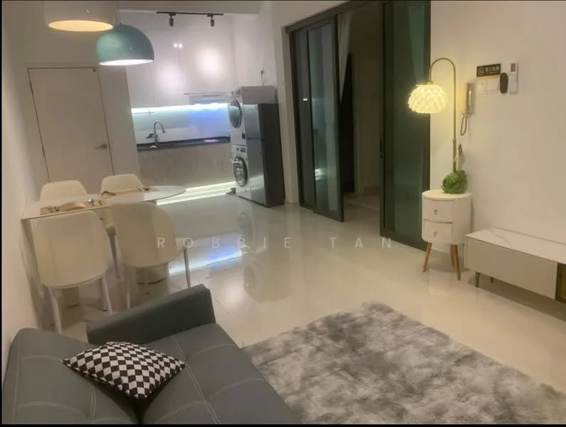 Living features: grey fabric sofa, area rug with geometric pattern, coffee table, wall-mounted TV, recessed downlights, 5-blade ceiling fan with light, decorative lamp, white walls, sliding glass door, floor-to-ceiling windows; style: modern. Dining features: 6-seater dining table, white dining chairs, pendant lamp, open shelving, kitchenette with countertop, stainless-steel appliances, washing machine, built-in cabinets; style: modern.
