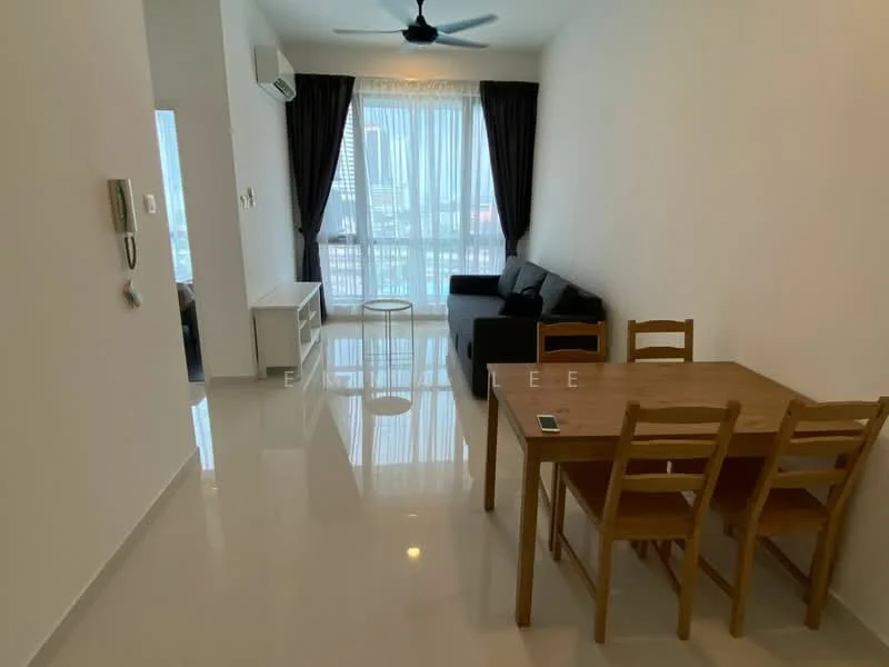 Living features: 3-seater fabric sofa in black, coffee table, dining table with 4 chairs, floor-to-ceiling windows, curtains, wall-mounted air conditioning unit, polished tile flooring, ceiling fan with light; style: modern; view: city.