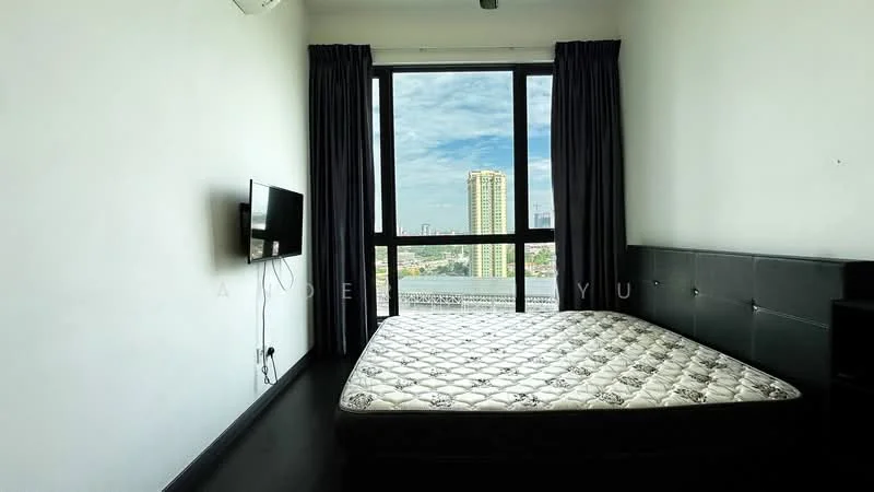 Bedroom features: king-size bed, black upholstered headboard, floor-to-ceiling windows, blackout curtains, wall-mounted TV, dark wood flooring, white painted walls, air conditioning unit; style: modern; view: city.