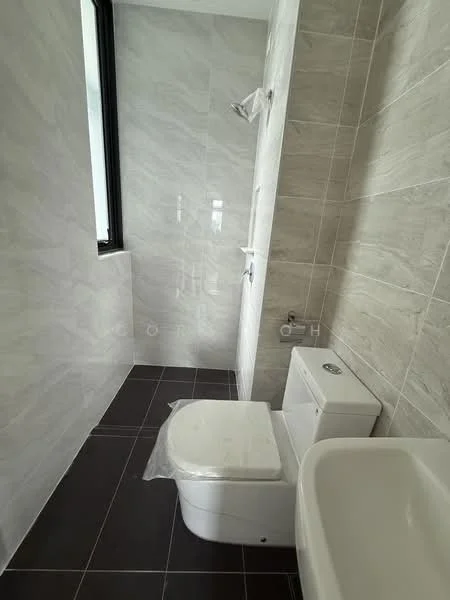 Bathroom features: white ceramic toilet, single-sink vanity, bathtub, grey marble tile walls, dark ceramic tile flooring, shower with glass enclosure, chrome shower faucet, wall-mounted mirror, window for natural light; style: modern.