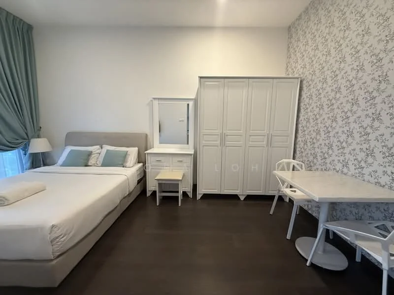 Bedroom features: queen-size bed with light grey upholstered headboard, white bedding with decorative pillows in light blue, white bedside table, white dresser with mirror, white wardrobe with multiple doors, white dining table, two white chairs, floral wallpaper in light grey, dark wood flooring, curtains in light teal, floor-to-ceiling window, soft lighting from ceiling fixture; style: modern.