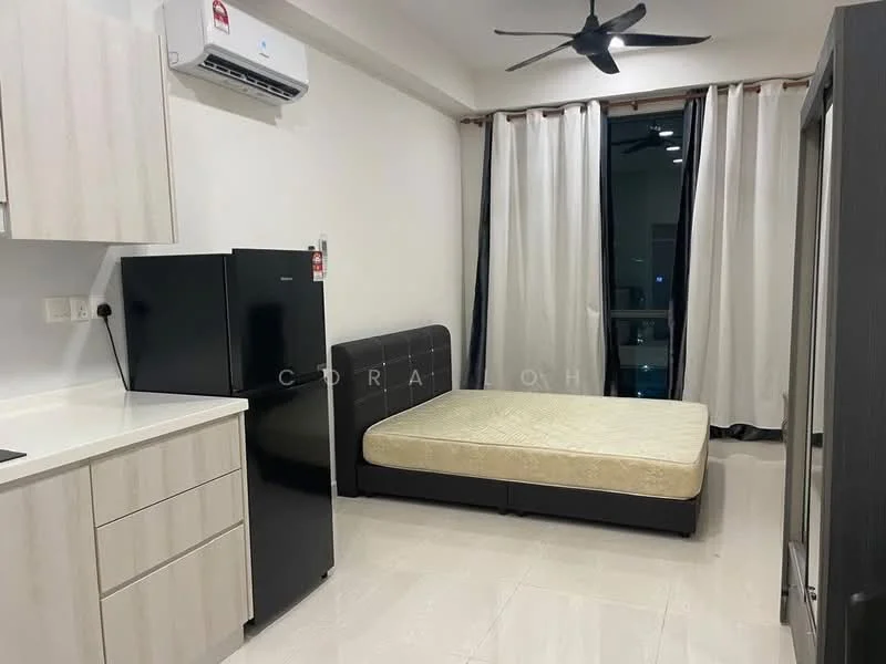Bedroom features: black fridge, queen-size bed without bedding, white cabinetry, black headboard, 1 wall-mounted split AC, 5-blade ceiling fan, floor-to-ceiling windows, sheer curtains, light-colored tile flooring, built-in wardrobe; style: modern.