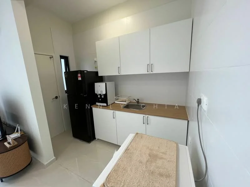 Kitchen features: white cabinetry, wood countertop, black refrigerator, built-in sink, single-bowl stainless-steel sink, wall-mounted faucet, tile backsplash, ceramic tile flooring, recessed downlights; style: modern.