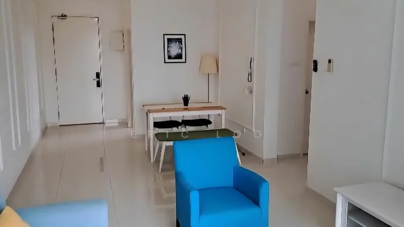 Living features: blue fabric armchair, white walls, tile flooring, dining table with four chairs, framed artwork on wall, floor lamp, door to hallway, door to entrance, light switch, window with natural light; style: modern.