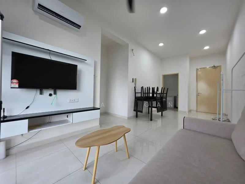 Living features: light grey fabric sofa, wooden coffee table with tapered legs, wall-mounted TV, white painted walls, white tiled flooring, 1 wall-mounted split AC, ceiling fan, black dining table with chairs visible in background, doorway leading to kitchen, recessed lighting; style: modern.