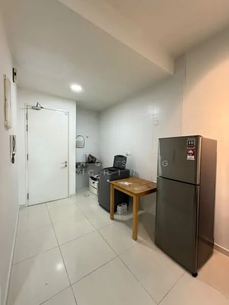 Room features: white painted walls, glossy tile flooring, refrigerator, wooden table, chair, wall-mounted intercom, door, light fixture; style: modern.