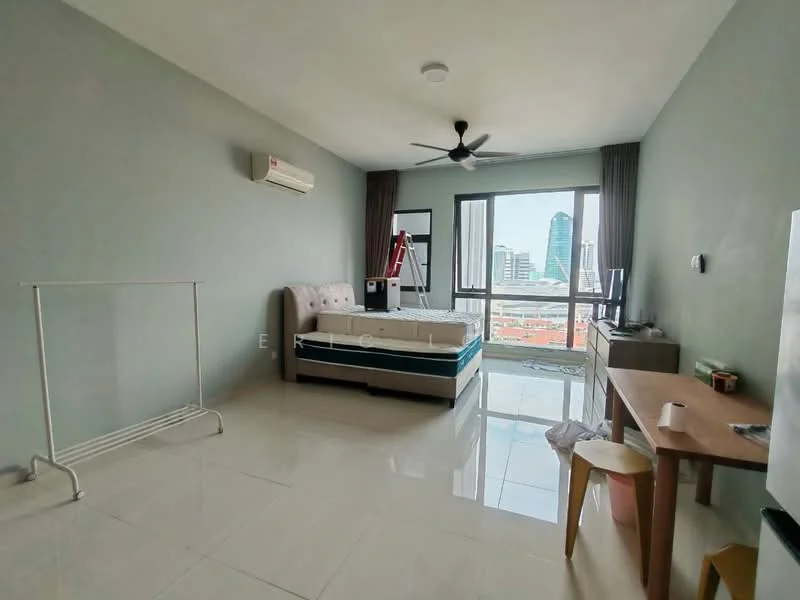 Bedroom features: king-size bed, upholstered headboard, 2 bedside lamps, floor-to-ceiling windows, city view, wall-mounted TV, study desk, chair, air conditioning unit, ceiling fan, white painted walls, glossy tile flooring; style: modern; view: city.