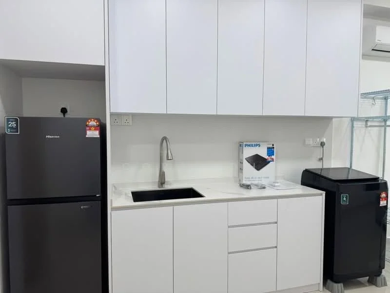 Kitchen features: black stainless-steel fridge, single-bowl stainless-steel sink, chrome pull-down faucet, white cabinetry with flat-panel doors, white countertop, built-in washing machine, wall-mounted cabinets, tile backsplash; style: modern.