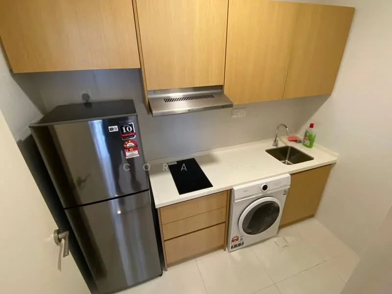 Kitchen features: stainless-steel fridge, built-in oven, ceramic cooktop, single-bowl stainless-steel sink, chrome pull-down faucet, white laminate countertop, wood cabinetry, washing machine, tile flooring, exhaust hood; style: modern.
