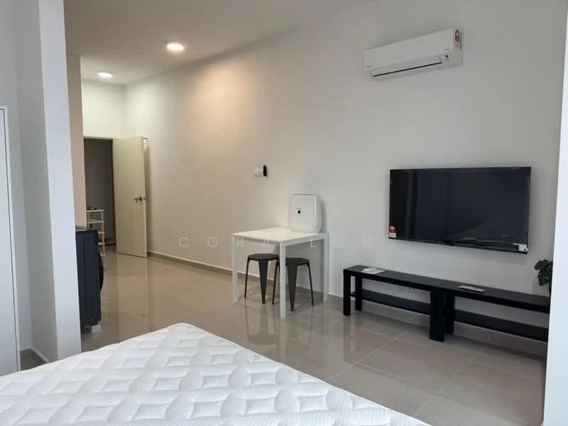 Room features: white painted walls, grey tiled flooring, 1 wall-mounted split AC, ceiling lights, flat-screen TV on black console, black coffee table, white dining table with two chairs, door leading to another room; style: modern.