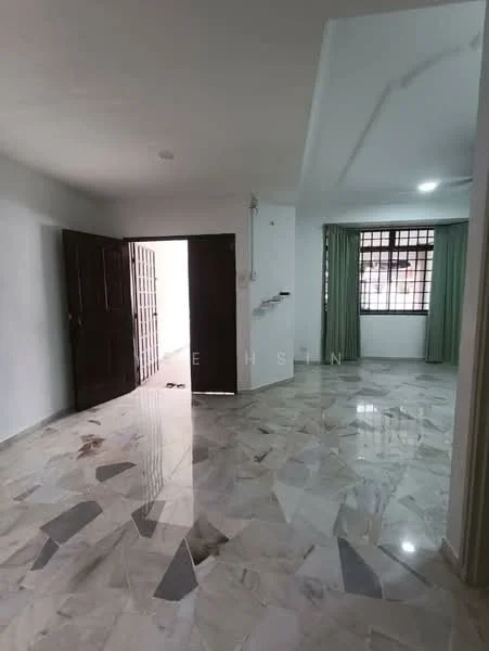 Room features: white painted walls, marble flooring, floor-to-ceiling windows, green curtains, double wooden doors, recessed ceiling, light fixtures, open layout; style: modern.