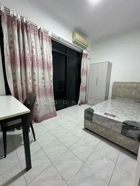 Bedroom features: queen-size bed, upholstered headboard, white bedding, floor-to-ceiling windows, sheer curtains, air conditioning unit, light-colored tiled flooring, study desk, chair, built-in wardrobe, decorative wall, wall-mounted mirror; style: modern.