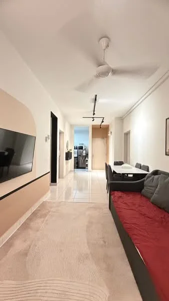 Room features: white painted walls, light-colored tiled flooring, 5-blade ceiling fan, wall-mounted TV, dining table with chairs, sofa with red upholstery, track lighting, open layout, doorway leading to kitchen, decorative wall arch; style: modern.