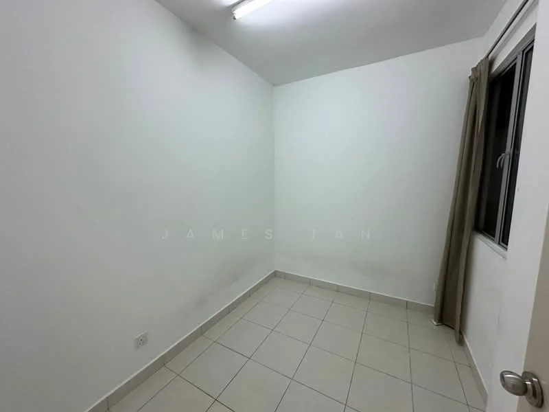 Room features: white painted walls, tile flooring, single window, curtains, ceiling light fixture.