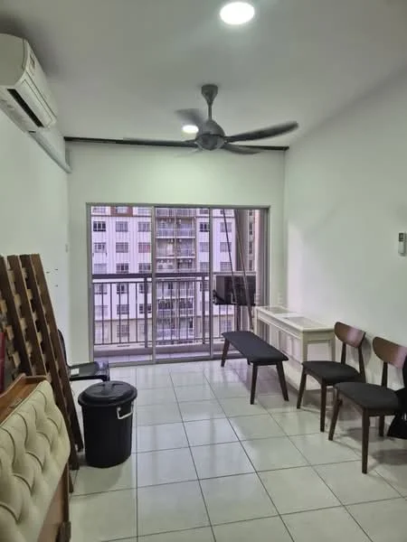 Living features: white painted walls, tile flooring, 5-blade ceiling fan with light, floor-to-ceiling windows, sliding glass door, balcony view, 2 wooden benches, black trash bin, small white table, air conditioning unit; style: modern; view: city.