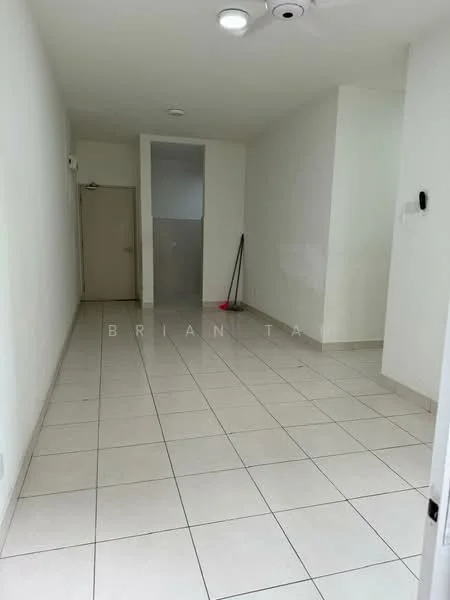 Room features: white painted walls, tile flooring, ceiling light, wall-mounted AC unit, doorway leading to another room, clean and uncluttered space, no visible furniture, neutral color scheme; style: modern.