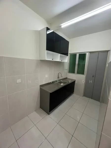 Kitchen features: grey granite countertop, single-bowl stainless-steel sink, chrome pull-down faucet, black upper cabinets, white lower cabinets, tile backsplash, white tiled walls, white tiled flooring, window with green frame, built-in cabinets, recessed lighting; style: modern.
