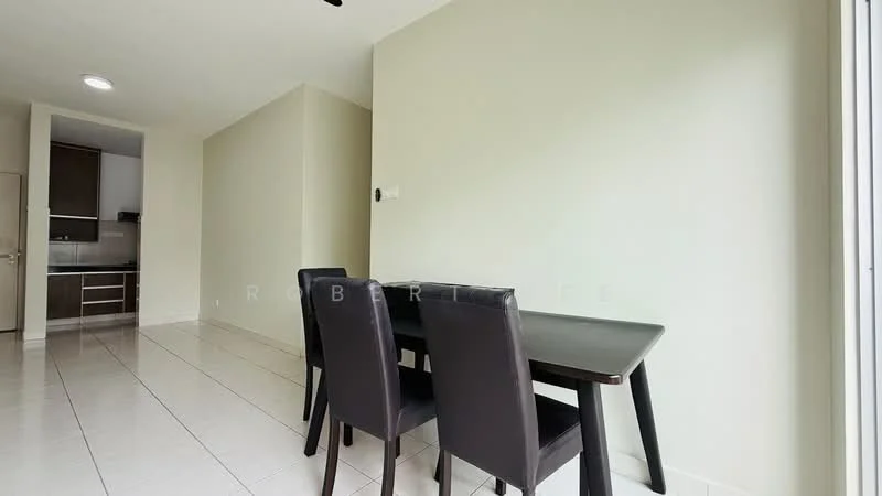 Dining features: dining table with 4 chairs, white painted walls, tile flooring, large window with natural light, recessed ceiling lights, open layout to kitchen, neutral color scheme; style: modern. Kitchen features: kitchen cabinetry, stainless-steel appliances, countertop space, open layout to dining area; style: modern.