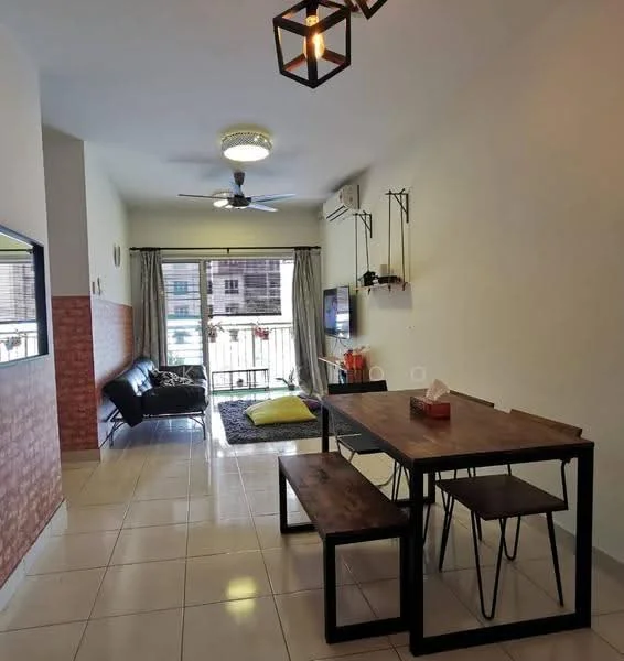 Living features: white painted walls, cream tiled flooring, 5-blade ceiling fan with light, wall-mounted TV, black leather sofa, wooden dining table with black metal legs, 2 wooden benches, decorative wall shelves, large glass sliding door, balcony view, area rug, hanging pendant light; style: modern; view: city.