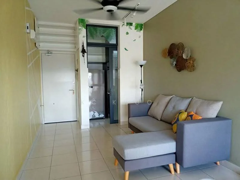 Living features: 3-seater fabric sofa in grey, ottoman, decorative cushions, wall-mounted lamp, ceiling fan, white tiled flooring, green accent wall with leaf motifs, decorative wall art, large window, door leading to hallway; style: modern.