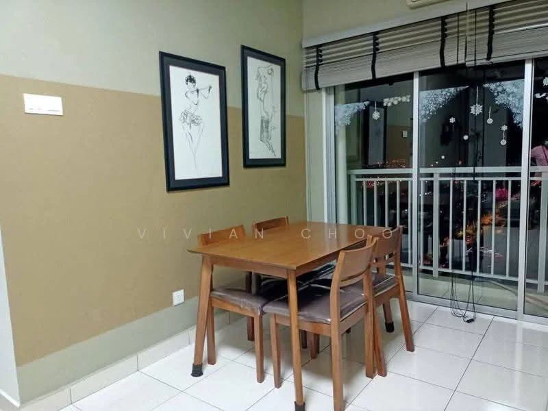 Dining features: wooden dining table, 4 wooden dining chairs, framed artwork on walls, cream painted walls, grey accent wall, floor-to-ceiling windows, curtains, tile flooring, city view from window, air conditioning unit; style: modern; view: city.