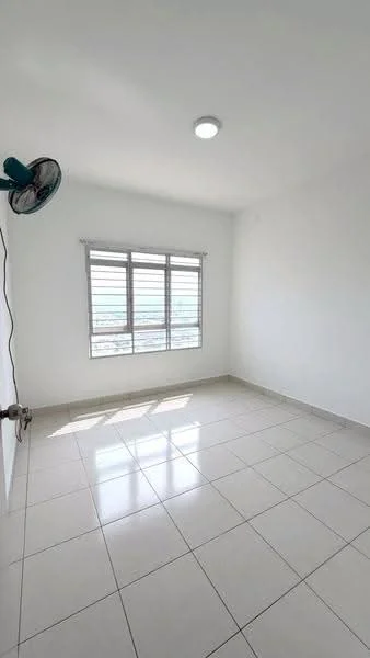 Room features: white painted walls, tile flooring, ceiling light, window with horizontal blinds, 1 wall-mounted ceiling fan, natural light from window.