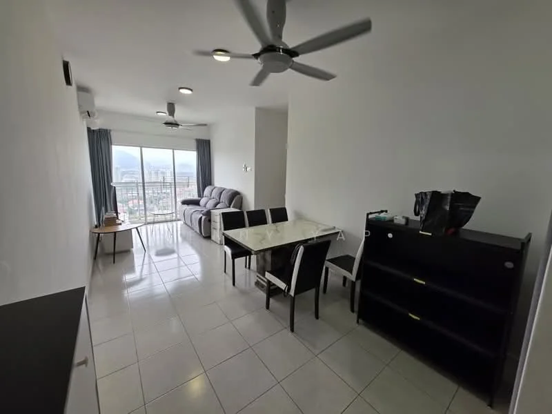 Living features: floor-to-ceiling windows, grey fabric sofa, 4-seater dining table, black dining chairs, white walls, recessed downlights, 2-blade ceiling fan, tile flooring, black shelving unit, curtains, city view; style: modern; view: city.