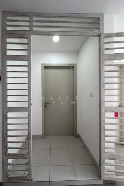 Room features: white painted walls, grey tiled flooring, door with handle, slatted wooden partition, ceiling light fixture; style: modern.