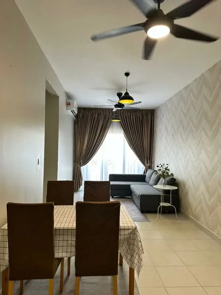 Living features: grey sectional sofa, 2-seater sofa, coffee table, 6-seater dining table with checkered tablecloth, 4 dining chairs, floor-to-ceiling window with sheer curtains, light grey walls, chevron patterned accent wall, 2 ceiling fans with lights, air conditioning unit, decorative plant in ceramic pot, tile flooring; style: modern.