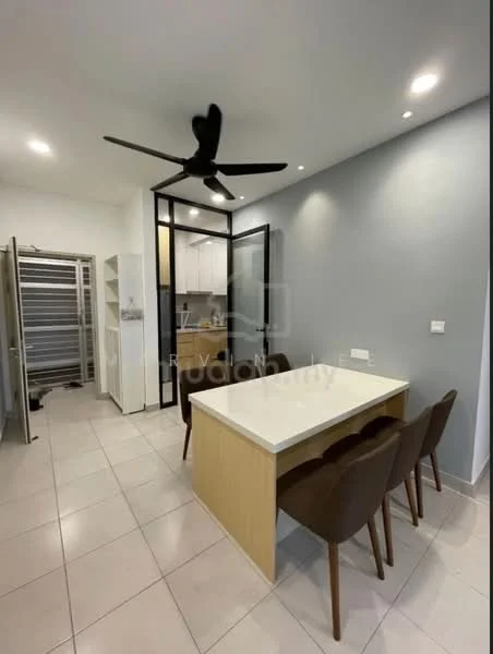 Kitchen features: white cabinetry, grey accent wall, marble countertop, 4-seater dining table, brown upholstered dining chairs, 5-blade ceiling fan, refrigerator, open shelving, tile flooring, recessed downlights; style: modern.