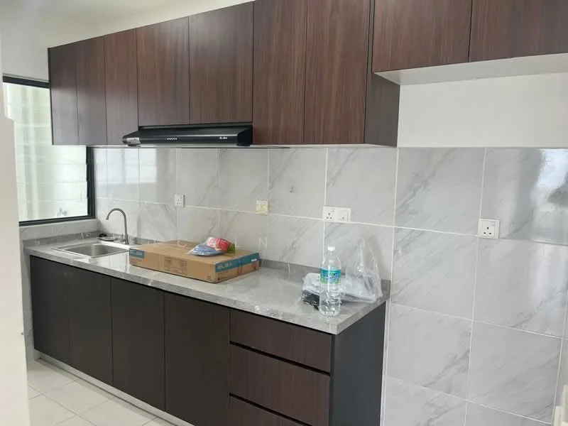 Kitchen features: brown wooden cabinetry, grey marble countertop, single-bowl stainless-steel sink, chrome pull-down faucet, built-in range hood, white tiled backsplash, white walls, ceramic tile flooring, window with natural light; style: modern.