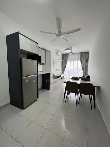Living features: grey fabric sofa, 4-seater dining table, 4 dining chairs, stainless-steel fridge, kitchen cabinetry with grey finish, white countertop, tile flooring, ceiling fan with light, floor-to-ceiling windows with sheer curtains, wall-mounted air conditioning unit; style: modern; view: city.