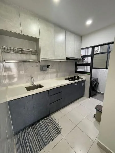 Kitchen features: white cabinetry with flat-panel doors, dark grey lower cabinets, single-bowl stainless-steel sink, chrome pull-down faucet, built-in gas hob, white quartz countertop, tile backsplash, open shelving, recessed LED downlights, ceramic tile flooring, window for natural light, kitchen rug with striped pattern; style: modern.