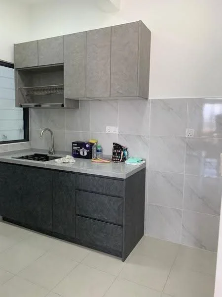 Kitchen features: grey cabinetry with flat-panel doors, marble tile backsplash, grey stone countertop, single-bowl stainless-steel sink, chrome pull-down faucet, built-in gas hob, open shelving above countertop, white tiled walls, light-colored floor tiles, window for natural light; style: modern.